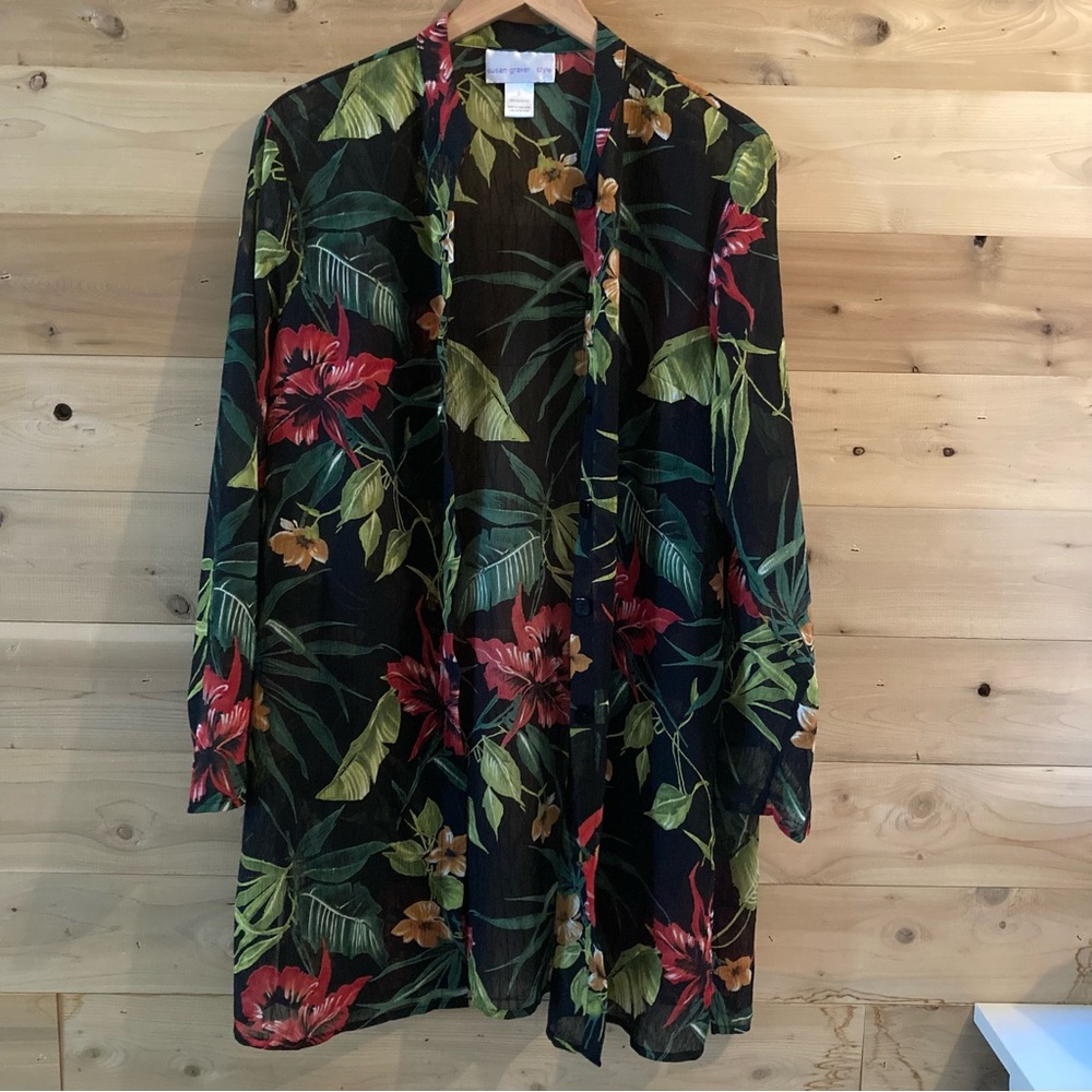 Susan Graver sheer lightweight floral button down kimono tunic